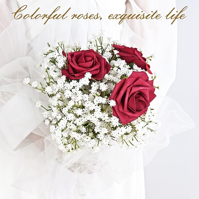 BLEUM CADE 16Pcs Artificial Flowers Fake Roses with Stems, Burgundy Boxed Foam Roses for DIY Bouquets Centerpieces Wedding Party Arrangement Bridal Shower Decor