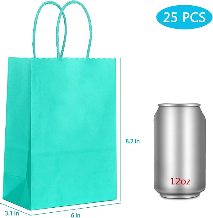 25 PCS Small Teal Blue Gift Bags Turquoise Paper Bags with Handles for Party Favor (8.2 x 6 x 3.1 in)