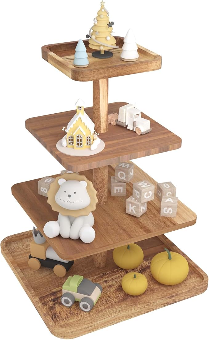 Acacia Wood 4 Tier Cupcake Stand with 4 Removable Snack Tray, Rustic Square Cup Cake Tower Stand for 50 Cupcakes, Display Cakestand for Wedding, Birthday, Serving Tea Party, Natural