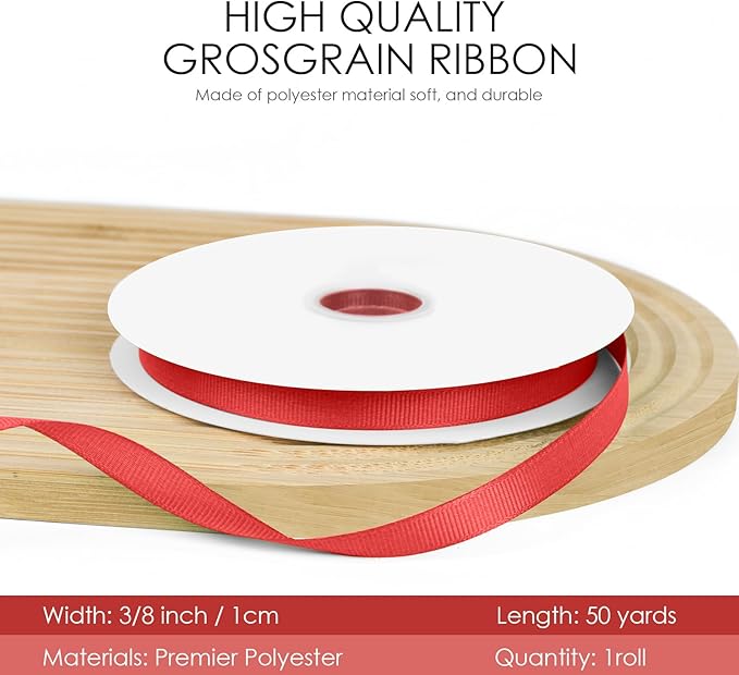 50 Yards 3/8 inch Grosgrain Ribbon, Solid Color Fabric Ribbon Perfect for Gift Wrapping, Wedding, Handmade Bows, Floral Bouquets and Party Decoration(red)