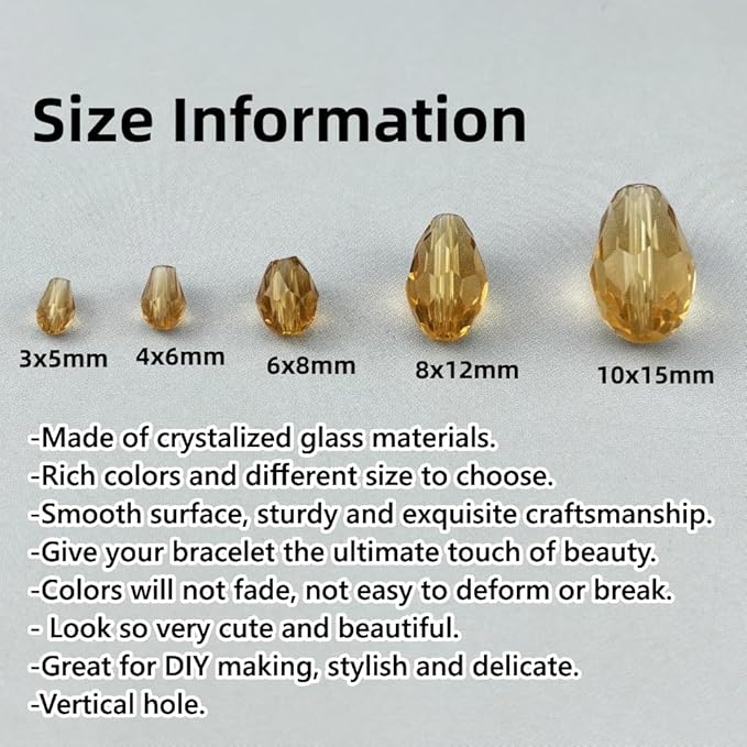 100pcs 8x12mm Teardrop Crystal Glass Beads for Jewelry Making, Faceted Vertical Hole Teardrop Glass Spacer Beads for Wind Chimes Bracelet Earring Necklace DIY Craft(Gold Champagne)