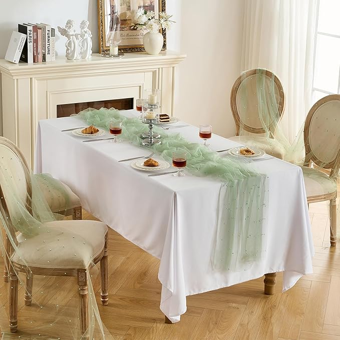 Fanami 3 Pack Pearl Table Runner -10FT Sage Green Boho Tulle Table Runners 120 Inches Long Rustic Sheer Lace Fabric Centerpieces for Wedding Arch Birthday Party Bridal Veil Baby Shower Decorations