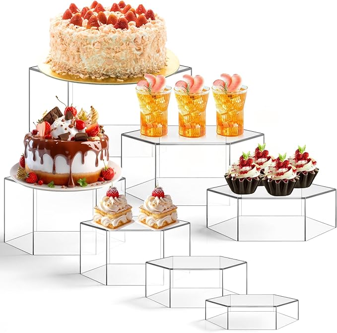 Leinuosen 7 Pcs Large Buffet Risers Set 6" to 12" Acrylic Display Box Catering Dessert Table Riser Food Display Decorative Stand with Hollow Bottom for Catering Supplies(Clear, Hexagonal)