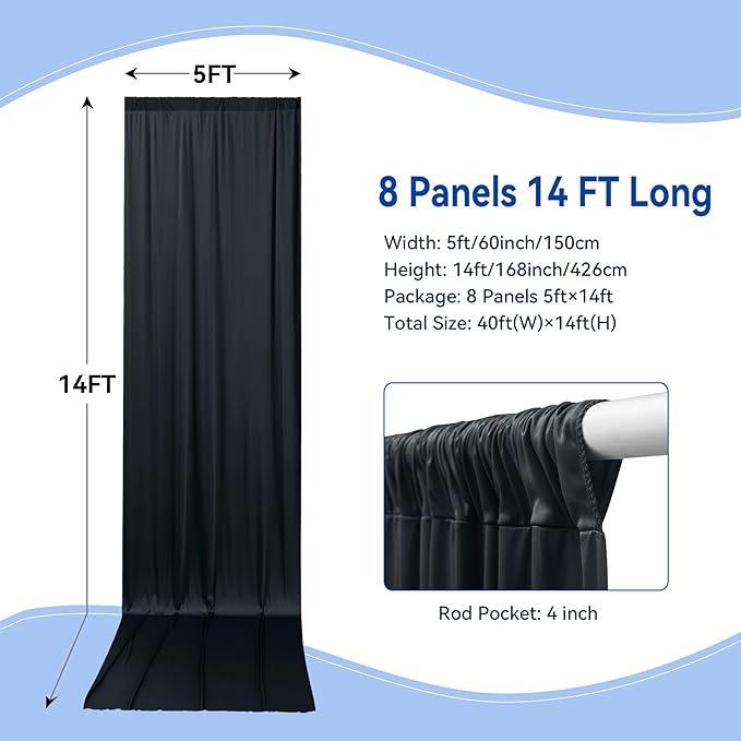 40×14ft Wrinkle Free Black Backdrop Curtain for Wedding Parties,8 Panels 5×14ft Height Soft Silky Polyester Photo Backdrop Drapes for Birthday Graduation Photography Stage Event Background Cloth