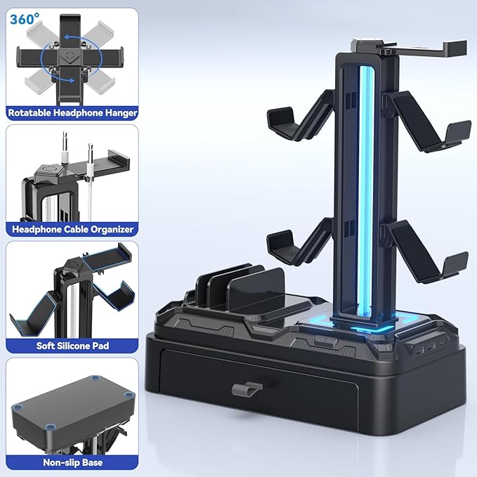 KDD Headphone Stand with USB A&C Charger Ports - RGB Controller Stand with Detachable Hooks - Rotatable Headset Hanger & Device Slot for Phones/Tablets - Drawer Storage Base for Gaming Desk Organizer