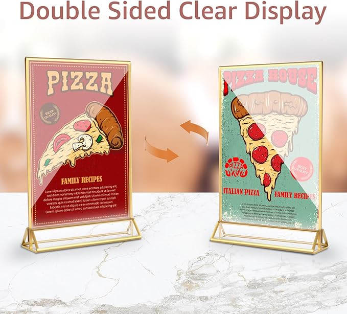 12 Pack Acrylic Sign Holder, 5x7 Inch Double-Side Gold Picture Frames Stands for Display, Vertical Table Top Sign Holders for Wedding, Party, Offices, Table Numbers, Home