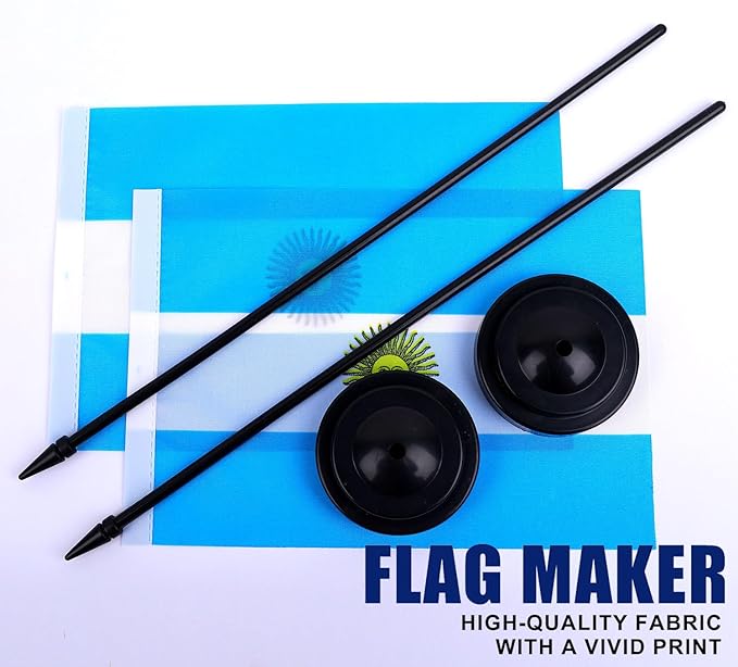 Argentina Desk Flag 12" Solid Pole Deluxe Set Argentinian Flags Banner Mini Small Argentina Office Table Flags with Black Stand Base Desktop Decorations(2Pack)