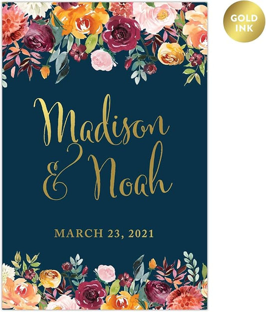 Andaz Press Personalized Extra Large Wedding Easel Board Party Sign, 12x18-inch, Fall Autumn Orange Burgundy Coral Roses on Navy Blue, Bride Groom Names and Date, 1-Pack, Custom