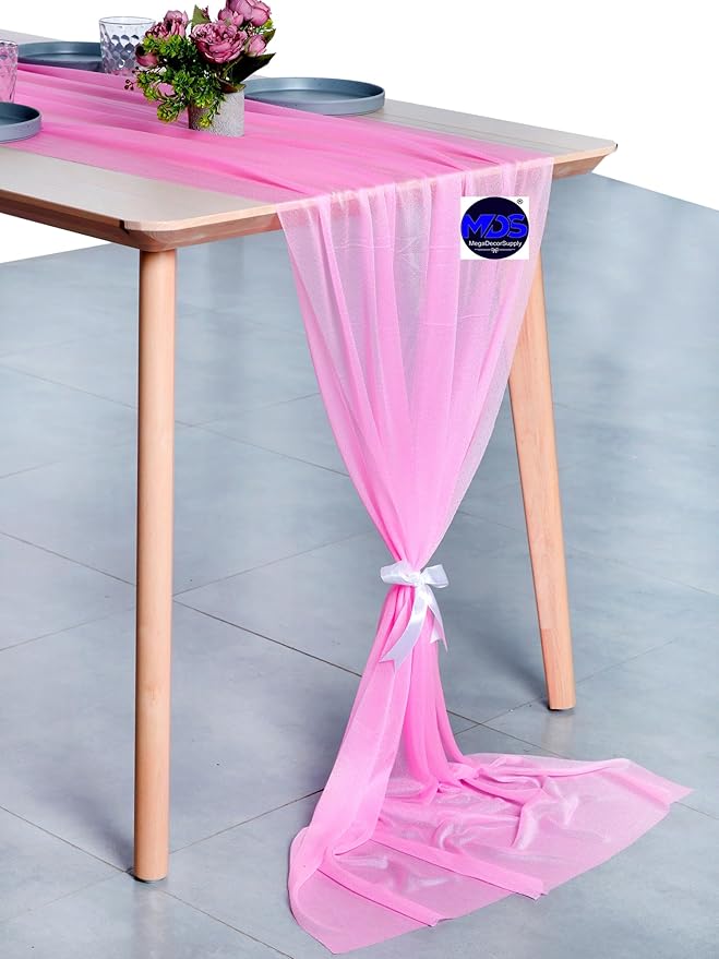 MDS 5 Pack 10ft Chiffon Table Runner 29 x 120 Inches Sheer Wedding Runner Romantic Rustic Table Runner for Wedding Decorations, Birthday Parties, Bridal Shower Party Arch Decor - Bubblegum Pink