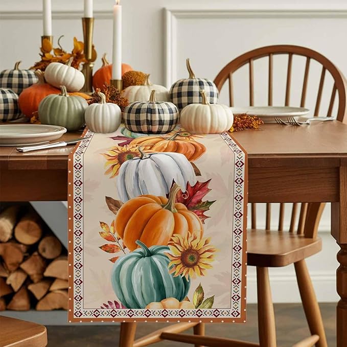 Fall Thanksgiving Southwest Cotton Linen Table Runner for Dining Kitchen, Orange Pumpkins Wedding Outdoor Party Rustic Tablerunners Decoration, Sunflower Dresser Scarf Tablecloth Runners 13x90 Inches