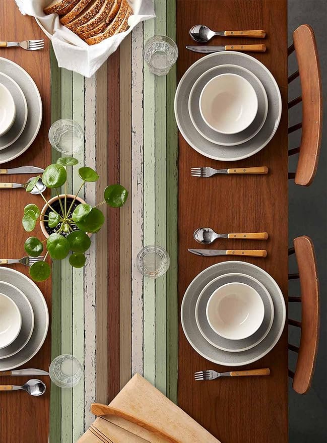 Sage Green Wooden Cotton Linen Table Runner for Dining Kitchen, Wedding Outdoor Party Tablerunners Decoration, Vintage Country Retro Distressed Grain Dresser Scarf Coffee Tablecloth Runners 13''x36''