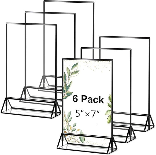 Zonon Acrylic Sign Holder 5x7, 6 Pack Vertical Double Sided Menu Display Stand with Borders, Double Sided Wedding Table Menu Holders Picture Frames for Restaurant, Christmas Party(5 x 7 Inch)