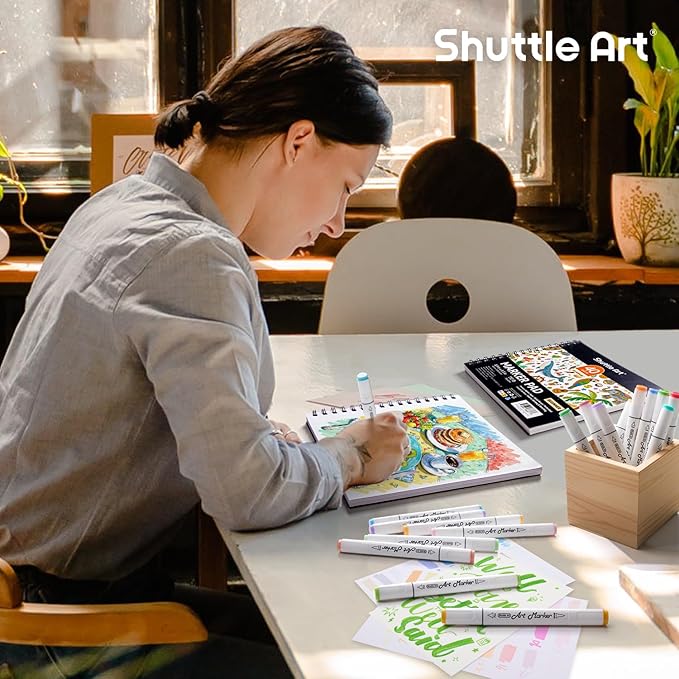 Shuttle Art Marker Pad, 8.9”x8.3” Portable Sketchbook, 40 Sheets Marker Drawing Paper, 110LB/180GSM Smooth Surface Bleedproof Art Paper, Spiral-Bound, Great for Beginners to Draw, Paint & Sketch