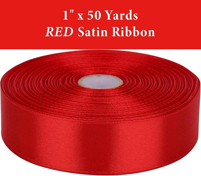 1 Inch Red Satin Ribbon 50 Yards Solid Fabric Ribbons for Gift Wrapping, Crafts, Floral Arrangements, Wedding, Party, Holiday Decor