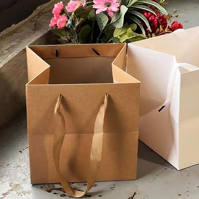 Kraft Paper Gift Bag Large Square Bottom Kraft Paper Bags with Handles (Natural Kraft, 10 x 10 x 10 in, 10 CT)