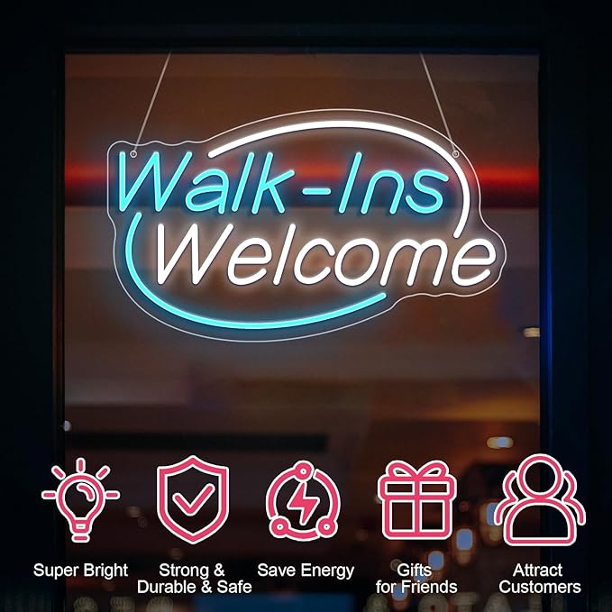 Walk-Ins Welcome Neon Sign, Neon Sign For Wall Decor, Ice blue + white Led Signs Usb Powered, Living Game Room Decor, For Bedroom Restaurant Bar Hotel Shop Party Birthday(16.5x9.4in)