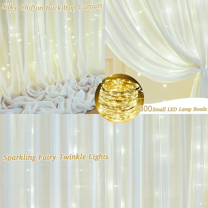 10ft x 10ft Ivory Backdrop Curtain with Lights for Baby Shower, Sheer Backdrop Curtains with Lights for Wedding, Chiffon Light Curtain Backdrops for Birthday Parties Photo Shoot (5x10ft,2 Panels)