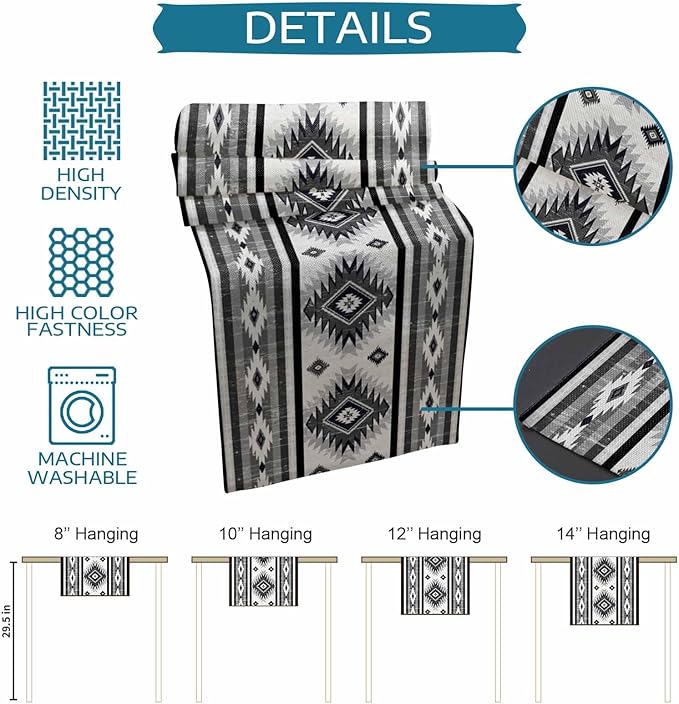 Aztec Southwest Cotton Linen Table Runner for Dining Kitchen, Wedding Outdoor Party Tablerunners Decoration, Boho Ethnic Tribes Vintage Grey Dresser Scarf Coffee Tablecloth Runners 13x120 Inches