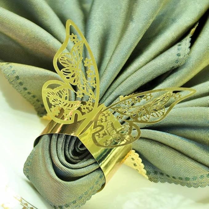 150 Pcs Napkin Rings Laser Cut Butterfly Shape Foil Paper Napkin Holder for Weddings Party Serviette Table Decoration Restaurant (Gold)