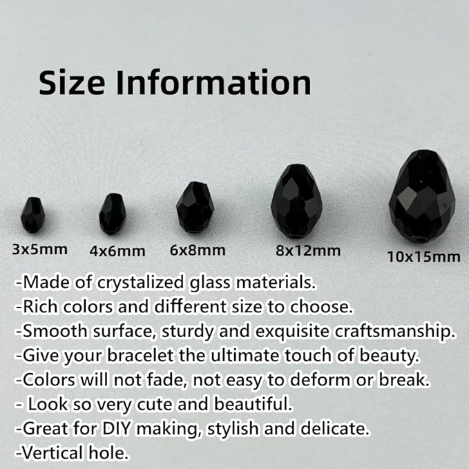 150pcs 4x6mm Teardrop Crystal Glass Beads for Jewelry Making, Faceted Vertical Hole Teardrop Glass Spacer Beads for Wind Chimes Bracelet Earring Necklace DIY Craft(Black)