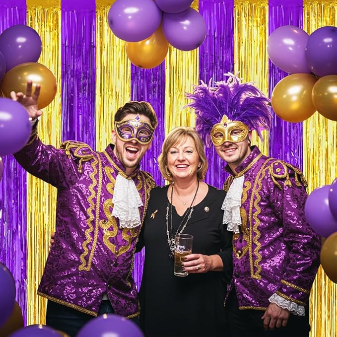 BEISHIDA 2Pcs Purple Gold Door Streamers Congrats Grade 2025 Decoration Backdrop Foil Fringe Tinsel Party Streamers Curtains for Birthday Graduation Mardi Gras Lakers Decoations (3.28 ft x 6.56 ft)