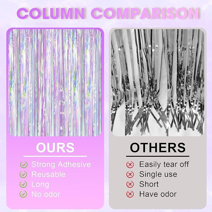 Iridescent Party Backdrop 3Packs, Transparent Tinsel Foil Fringe Curtain Streamers for Girls Birthday, Weddings,Engagement, Mermaid, Unicorn Theme Party Decorations 3.3x8.2ft
