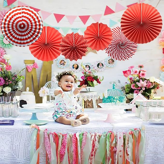 Party Hanging Paper Fans Set, Red Round Pattern Paper Garlands Decoration for Birthday Wedding Graduation Events Accessories, Set of 6