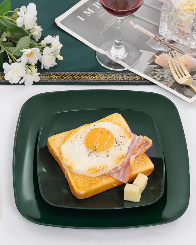 PULOTE 100PCS Green Plastic Plates - Green Square Disposable With Gold Rim - Include 50 Dinner 10inch, 50 Dessert 7.25inch Plates for Party&Christmas