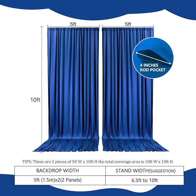 2 Panels Royal Blue Backdrop Curtain, 10 x 10 Feet Stain Background Curtains for Parties, Weddings, Baby Showers, Bachelorette Halloween, Birthday Party Photoshoot Backdrop Curtains Decorations