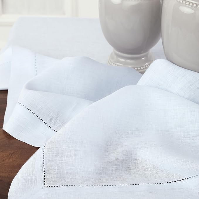 Solino Home Linen Light Blue Table Runner 144 Inches Long - 100% Pure Linen Extra Long Table Runner 14 x 144 Inch - Classic Hemstitch
