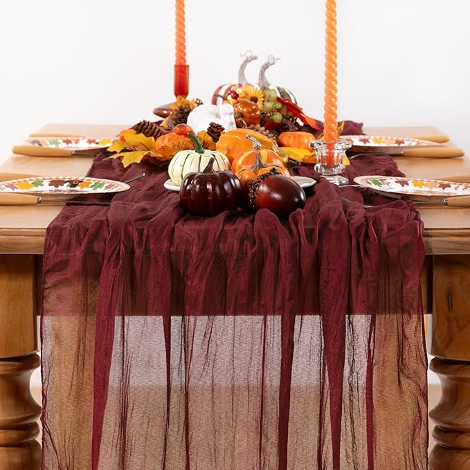 Burgundy Red Cheesecloth Table Runner 4 Pack Fall Table Runners Boho Gauze 120 Inches Red Cheese Cloth Fall Table Decorations for Thanksgiving Christmas Weddings Bridal Shower Candlelight