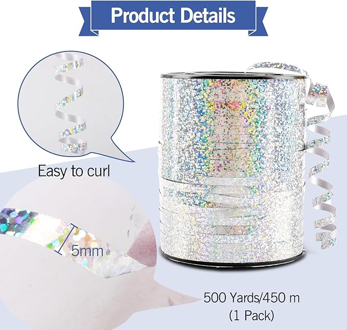 500 Yard Silver Curling Ribbon, 3/16" Christmas Shiny Curly Ribbons for Gift Wrapping, Balloon String Ribbon for Balloons, Gift Wrap Bows Ribbons for Graduations Anniversary Festival Party Decorations