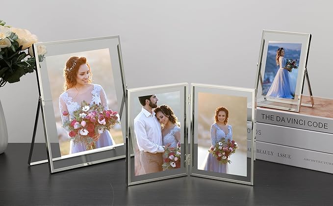 Silver 4x6'' Floating Frame Set of 2,For Photo Sizes (2x3'',3.5x 5''),Silver Plated Metal Double Frames 4x6'' for Tabletop/Shelf Photo Frame,Wedding,Birthady,or Office Decoration Frame