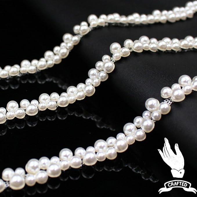 2 Yard Pearl Trim Chain String Silver Applique Fringe Ribbon Strips Beads Sewing Dress DIY Party Wedding Bouquet for Decoration Bridal Costume Embellishment