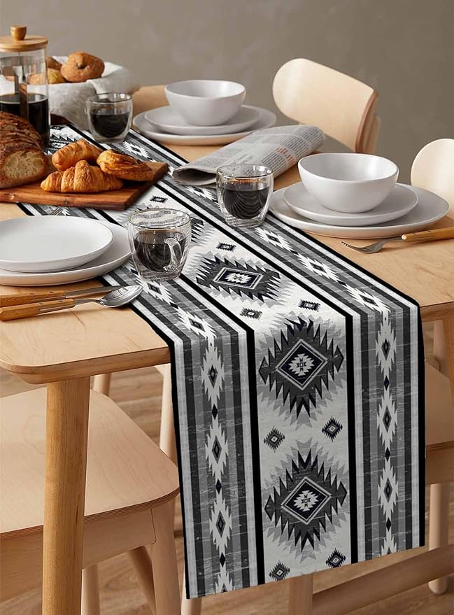 Aztec Southwest Cotton Linen Table Runner for Dining Kitchen, Wedding Outdoor Party Tablerunners Decoration, Boho Ethnic Tribes Vintage Grey Dresser Scarf Coffee Tablecloth Runners 13x90 Inches