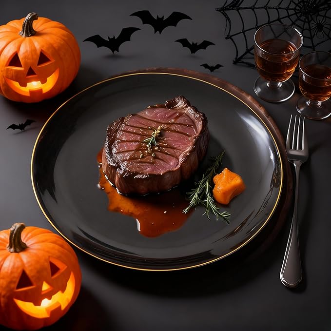 KIRE 100PCS Black and Gold Plates - Black Plastic Plates Disposable with Gold Rim for Halloween Party/Wedding/Birthday Include 50Pcs 10.25inch for Dinner and 50Pcs 7.5inch for Dessert/Salad