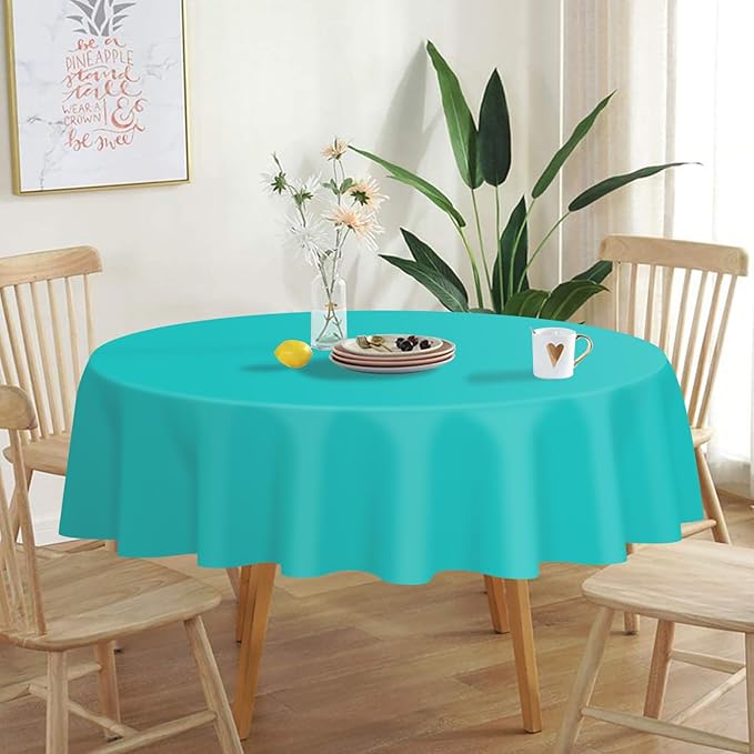 QIKSION Aqua Blue Round Tablecloth 6 Pack, 84 Inch Plastic Table Cover Disposable for Parties