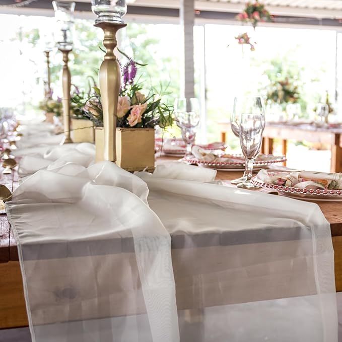 10 Pack 10ft White Chiffon Table Runners Wedding Table Runner Sheer Romantic Tulle Table Runner for Christmas Wedding Bridal Tea Party Baby Shower Birthday Party Table Decorations(120 x 12 in)