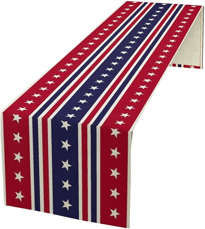 4th of July Table Runner, USA Flag Stars Stripes American Independence Day Red Blue White Stars Lines Print Table Cover for Farmhouse Kitchen Indoor Outdoor Home Party, 13x60inch
