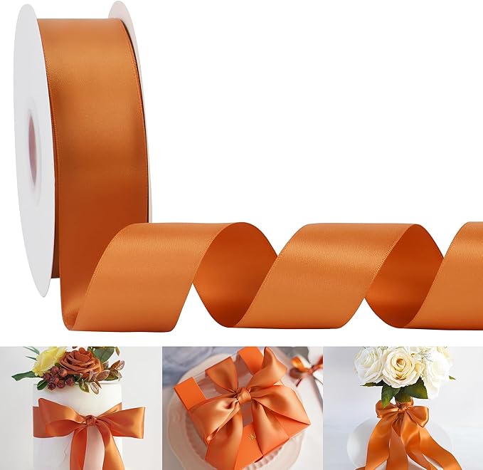 HUIHUANG Burnt Orange Ribbon 1-1/2 inch Double-Faced Satin Ribbon 50 Yards, Thick Fabric Ribbon for Flower Bouquets Gift Wrapping Crafts Bows Holiday Home Decor Wedding Bridal Shower Decoration