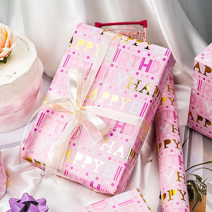 Yarcony Girl Birthday Wrapping Paper, Pink and Gold Wrapping Paper, Gold Foil Girly Happy Birthday Lettering Design Pink Gift Wrap for Girls Women, Baby Shower, Party (Mini Roll, 17 Inch X 16.5 Feet)
