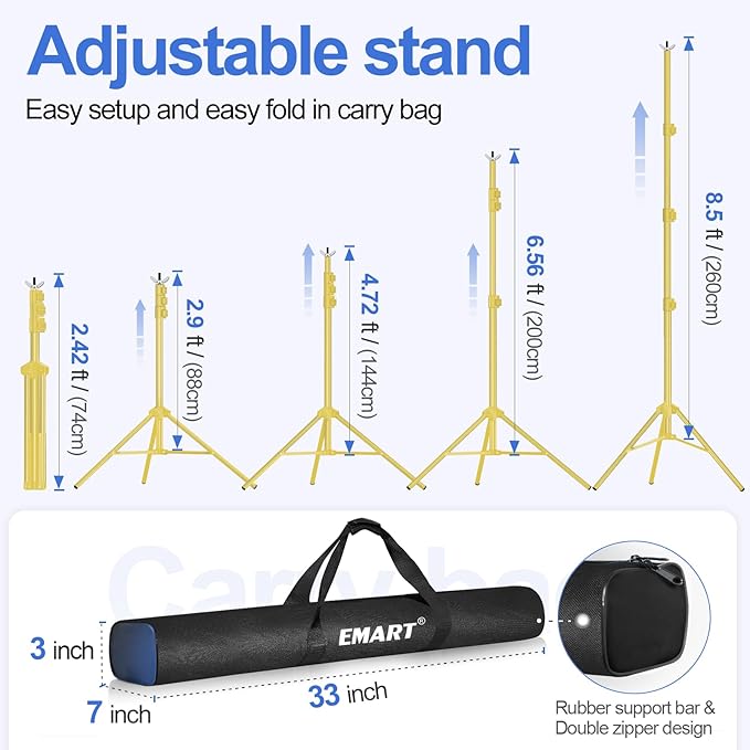EMART Backdrop Stand, 20x7ft(WxH) Large Adjustable Background Support System with 308° Angle Rotatable Connector, 8 Clamps, 3 Sandbags and Carry Bag for Paties, Wedding, Photography -Titanium Gold