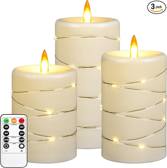 Upinmz Flickering Flameless LED Candles with String Lights, Remote Control and Timer - 3 Pack Ivory White Acrylic