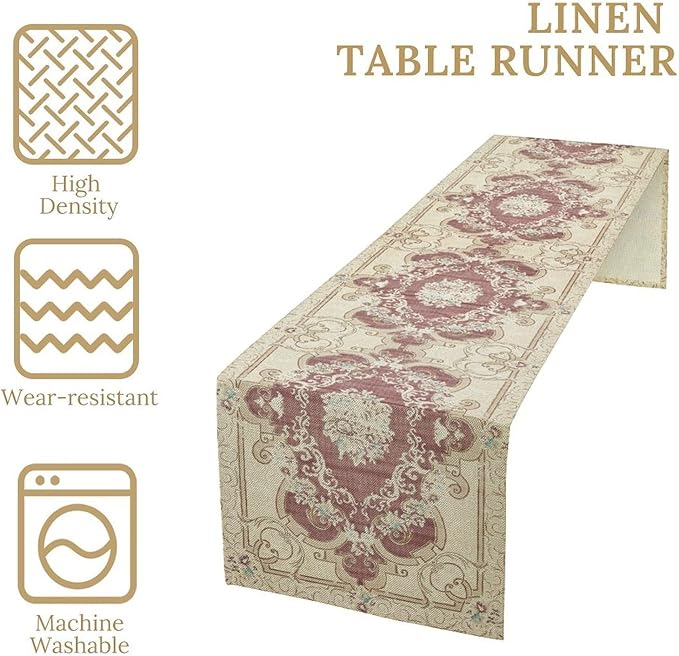 Boho Bohemia Table Runner, Vintage Blue Gold Retro Flower Rustic Country Floral Printed Pattern for Home Kitchen Table Decor Dining Coffee Room Garden Party Wedding Decor 13x36in