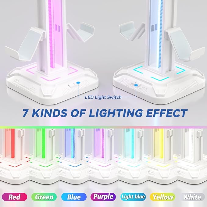 KDD RGB Headset Stand with 9 Light Modes - Controller Holder for Desk - Rotatable Headphone Stand & Detachable Controller Hook for PC Earphone Accessories(White)