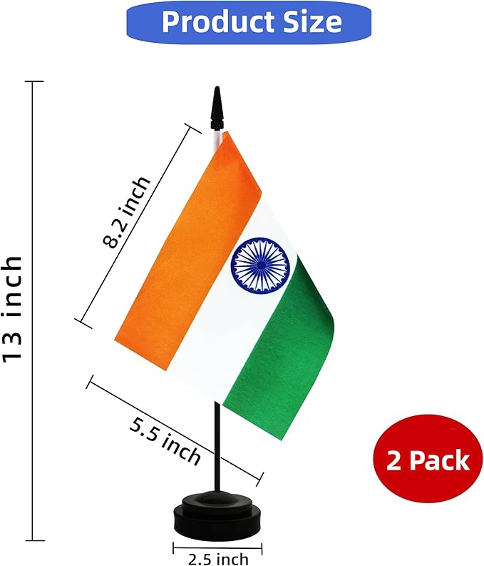 2 Pack India Desk Flag, Indian Table Office Flag with Solid Pole and Stand Base, International Country Flag, Festival Celebration, Classroom Meeting Desktop Decoration (India)