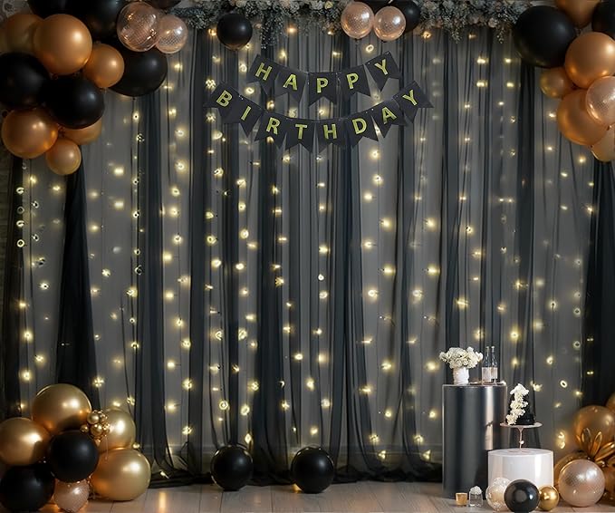 Black Sheer Backdrop Curtains with Lights String for Parties Birthday 10ft × 8ft Black Tulle Backdrop Curtain for Baby Shower Wedding Graduation Halloween Party Photo Shoot Decorations