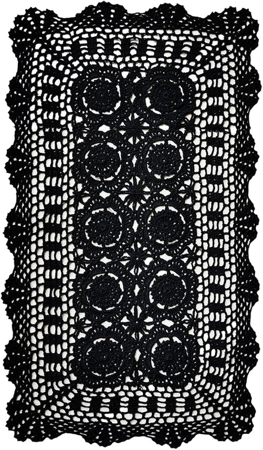 Phantomon Lace Table Runner Rectangular Table Cover Cloth Handmade Crochet Floral Placemats 100% Cotton (Floral Black, 15x28Inch)