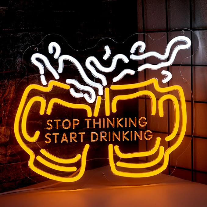 Stop Thinking Start Drinking Neon Sign for Wall Decor, Dimmable Two Beers Cheers Neon Lights with USB Powered Light up Sign for Home Bar Man Cave Party Club Restaurant