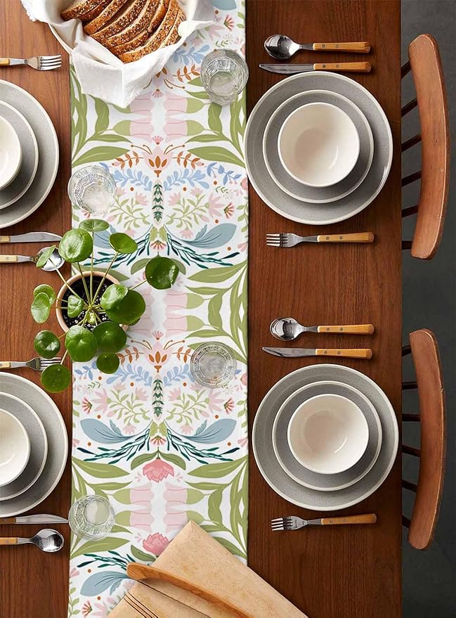 Green Blue Pink Boho Floral Cotton Linen Table Runner for Dining Kitchen, Wedding Outdoor Party Tablerunners Decoration, Retro Bohemian Botanical Dresser Scarf Coffee Tablecloth Runners 13x36 Inches